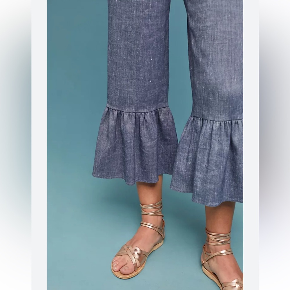 Anthropologie Ett Twa Chambray Linen Ruffle Crop Pants - Picture 3 of 16